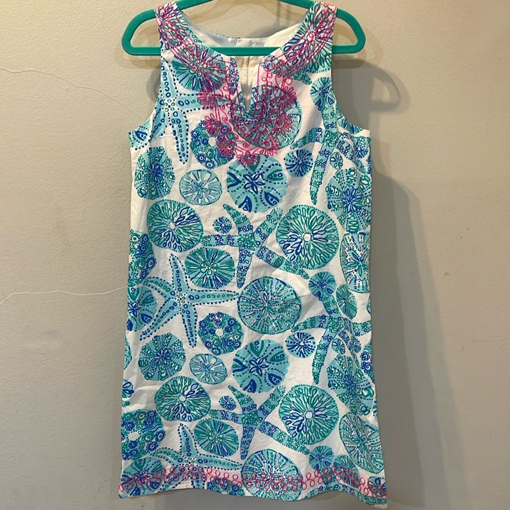 Lilly Pulitzer Girls Dress Sz L 10/12 Blue Sand Dollars Starfish Lined Pink Trim